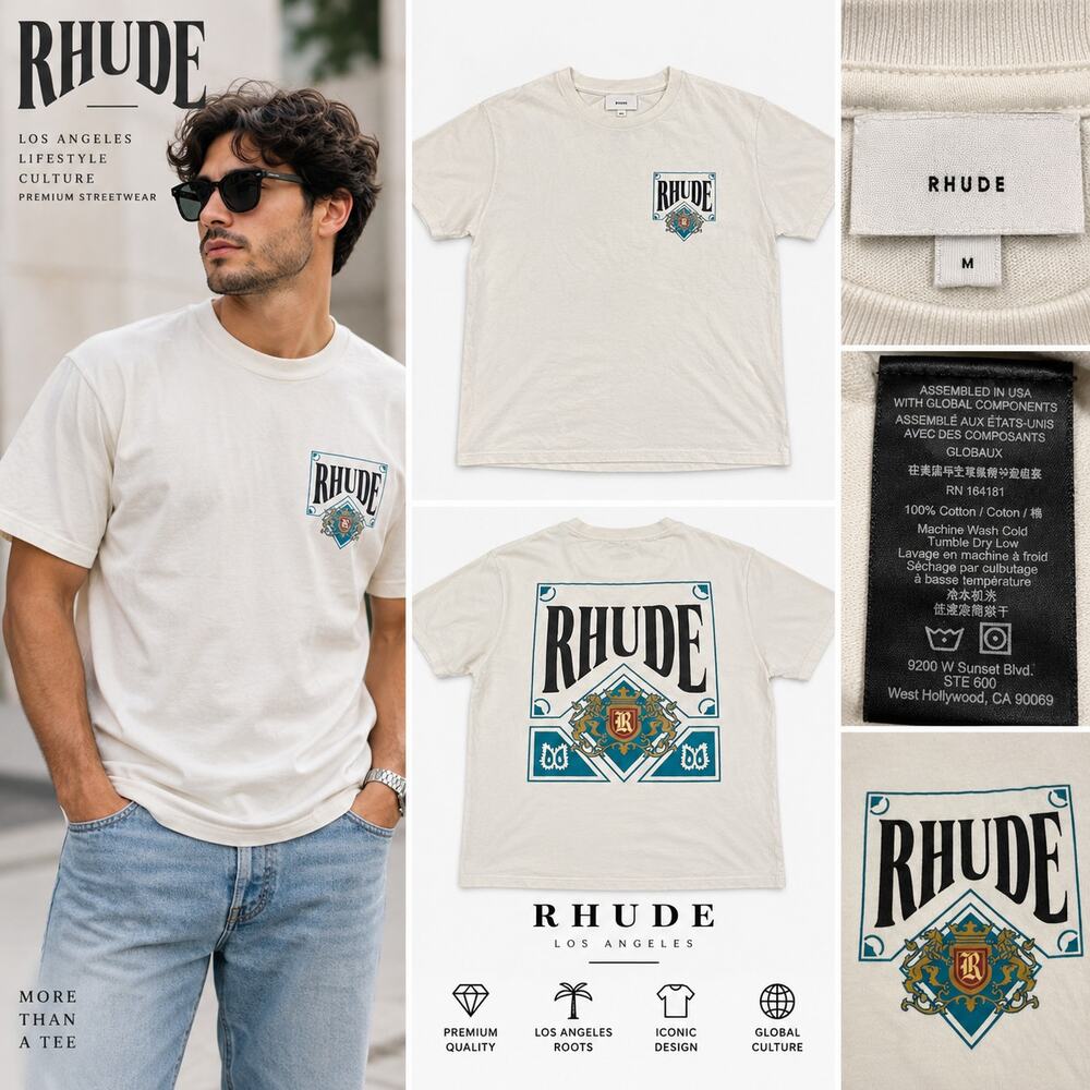 RHUDE Mens Medium T Shirt Cream Logo Crest Graphic Front Back Luxury Streetwear